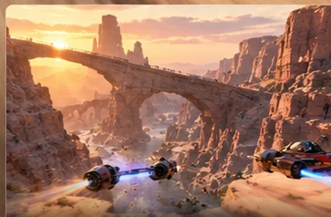 Racers flying over an expansive desert canyon at sunset