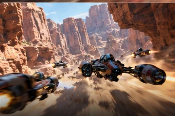 Hover racers accelerating through a rocky canyon